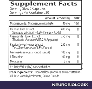 Neurobiologix Neuro Night Essentials، تركيبة ليلية مهدئة مع جذر حشيشة الهر GABA L-Theanine والمغنيسيوم، تدعم الاسترخاء والتوازن العاطفي وروتين الاسترخاء، 60 كبسولة نباتية