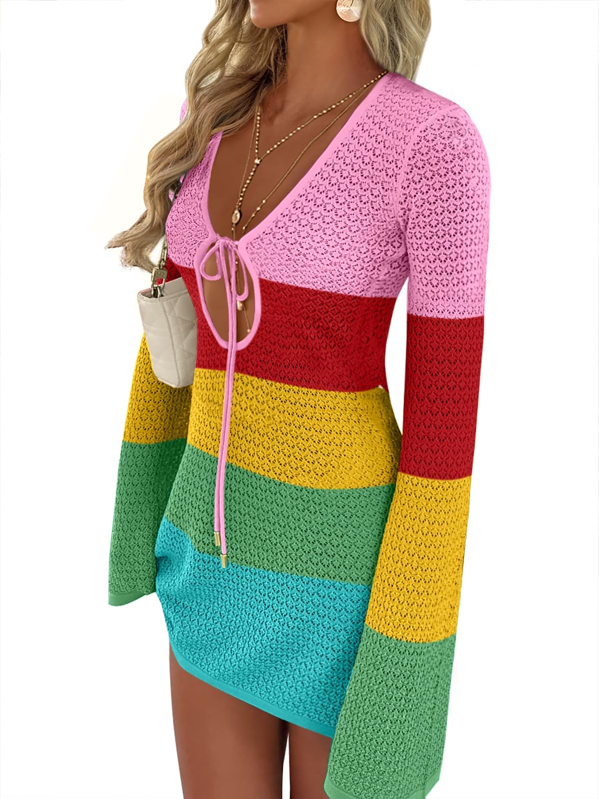 ANRABESSBeach Cover Ups for Women Crochet Swimsuit Bathing Suit Swimwear Bikini Mesh Knit Dress 2025 Summer Vacation Outfits