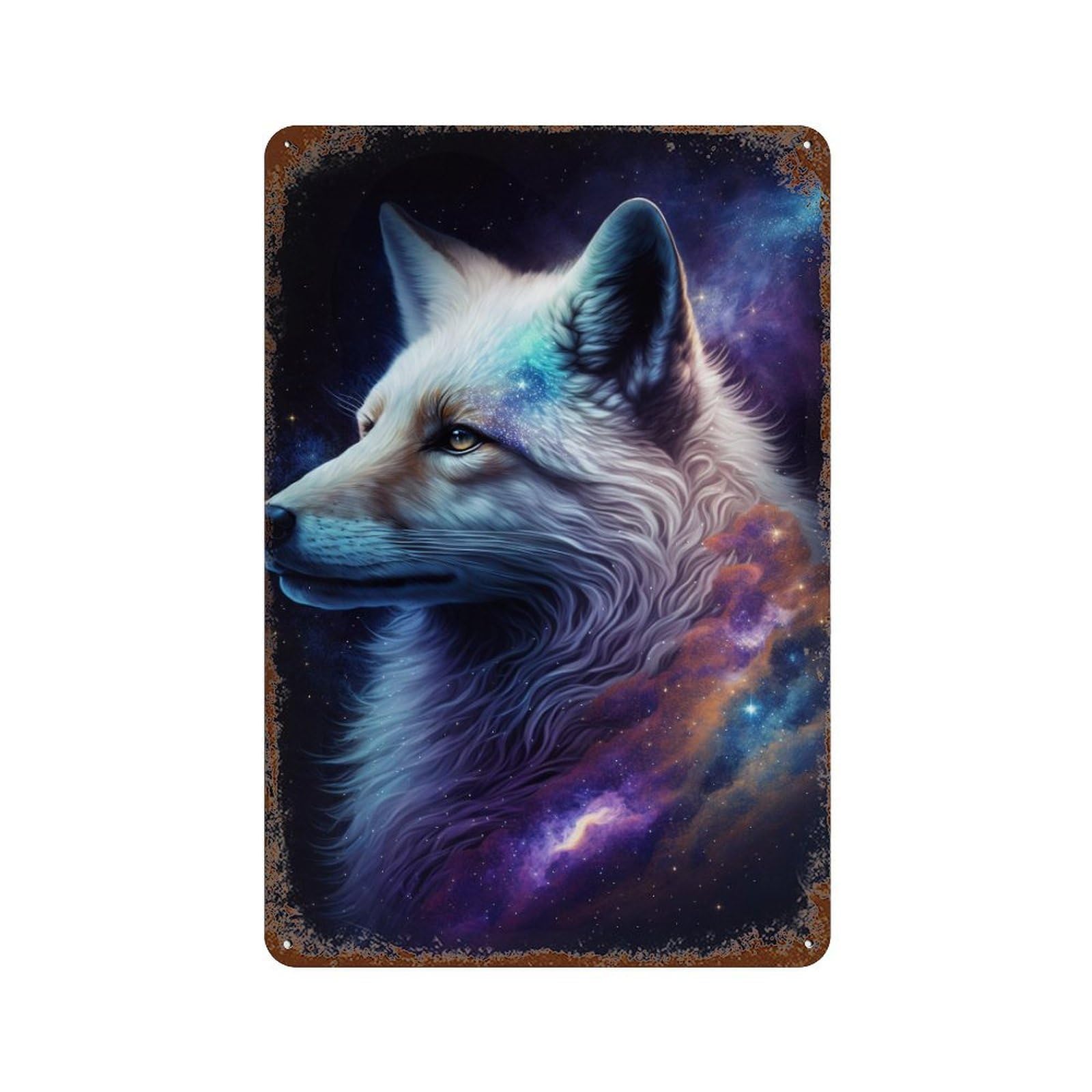 Cosmic Wolf Portrait Rust Effect Tin Sign 11.8"x7.9", Vintage Wall Decor for Bistro, Counter And Cafe Decor