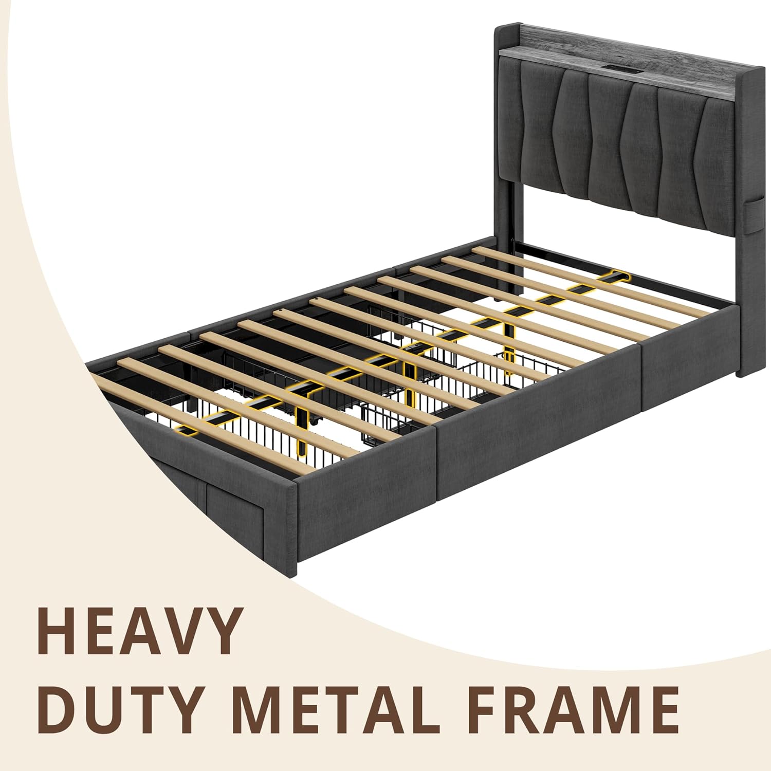 ANCTOR Twin Bed Frame with 3 Drawers, Upholstered Platform Bed with Storage Headboard and Charging Station, No Box Spring Needed, Easy Assembly, Grey - Image 8