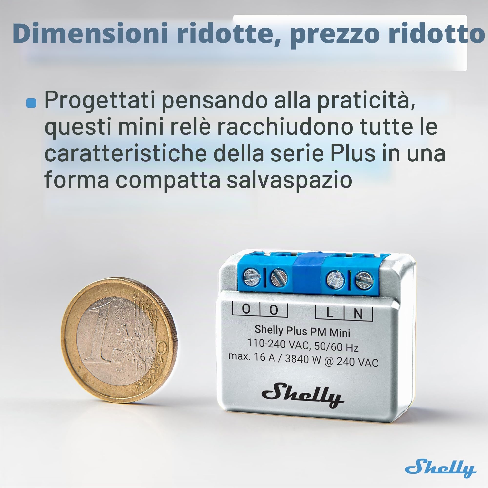 Shelly Plus PM Mini Pack Singolo, Relè Wi-Fi e Bluetooth, Monitoraggio dei Consumi, Misurazione Potenza di Elettrodomestici e Dispositivi Elettronici, Assistente Vocale Google e Alexa, Grigio
