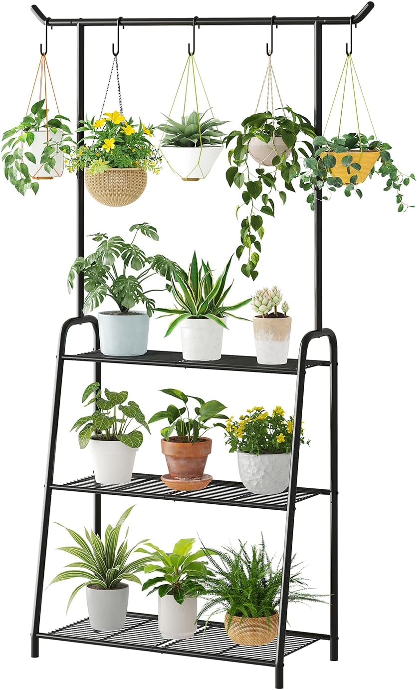 Plant Stand Indoor Outdoor,Metal Plant Stands for Multiple Plants,3 Tier Tall Hanging Plant Shelf,Large Heavy Duty Flower Holder Ladder Plant for Living Room, Patio, Balcony (Black)