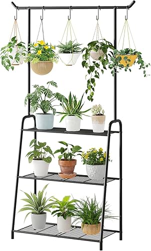 Soporte para plantas para interiores y exteriores, soportes de metal para múltiples plantas, estante colgante de 3 niveles de alto, soporte de