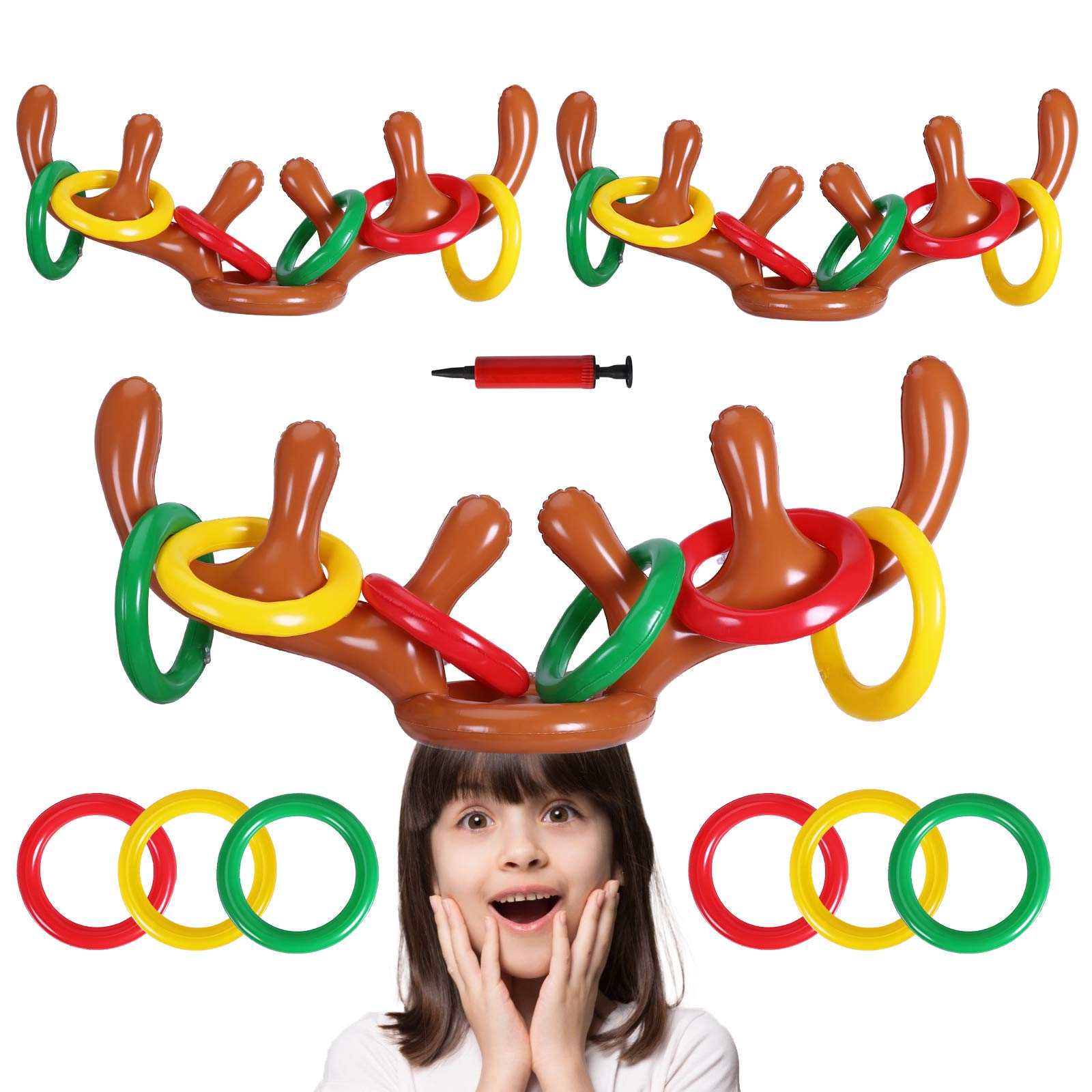 Garma Christmas Games Inflatable Reindeer Antler Ring Toss Game for Family Xmas Party Supplies(3 Antlers 18 Rings)