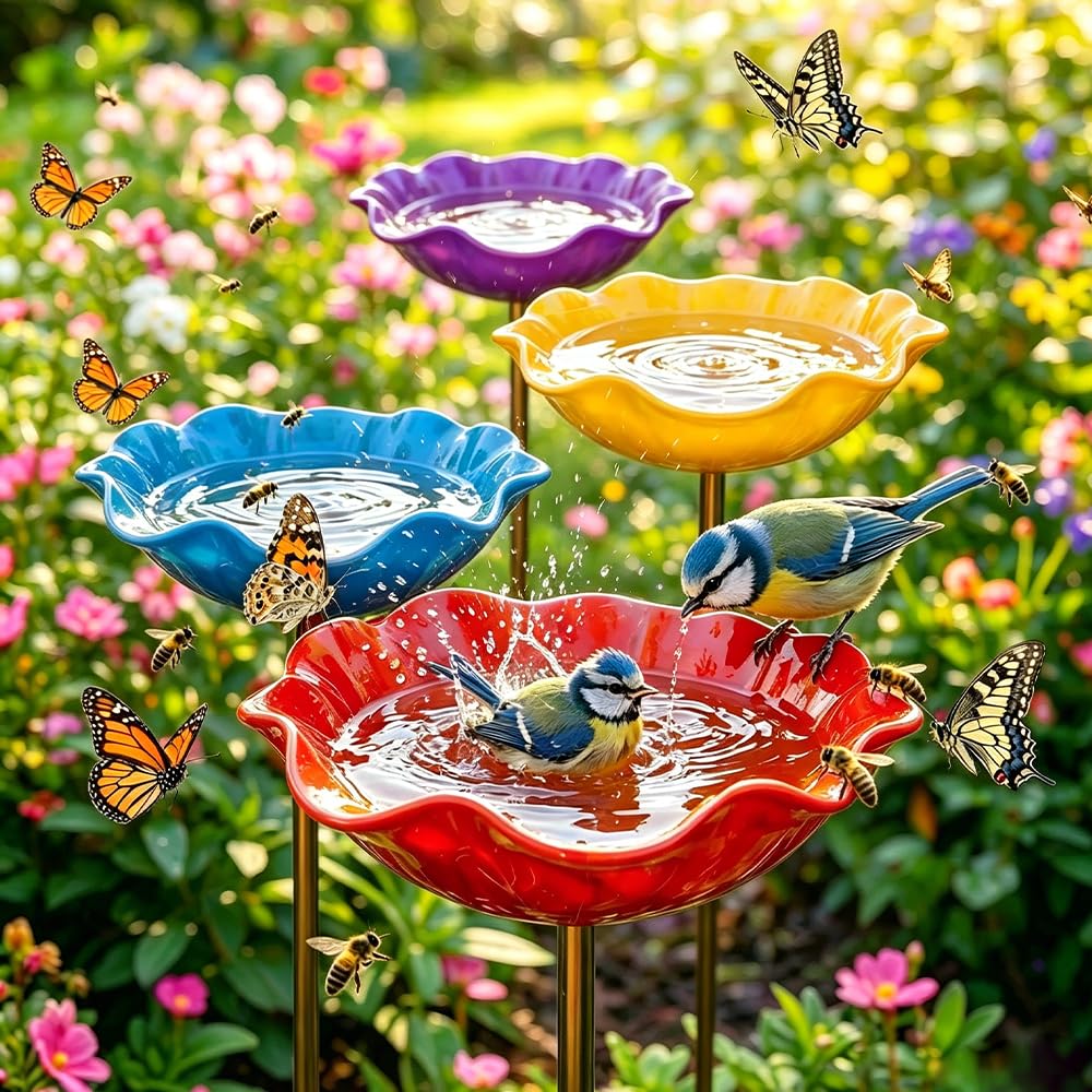 Abreuvoir Oiseaux, 2026 Nouveau Bain Oiseaux Décoratif Métal Motif Fleurs, Handmade Metal Flower Garden Stake, Bain d’Oiseau Oiseauxs Résistante Intempéries Fleurs Abreuvoir À Abeilles (Rouge)