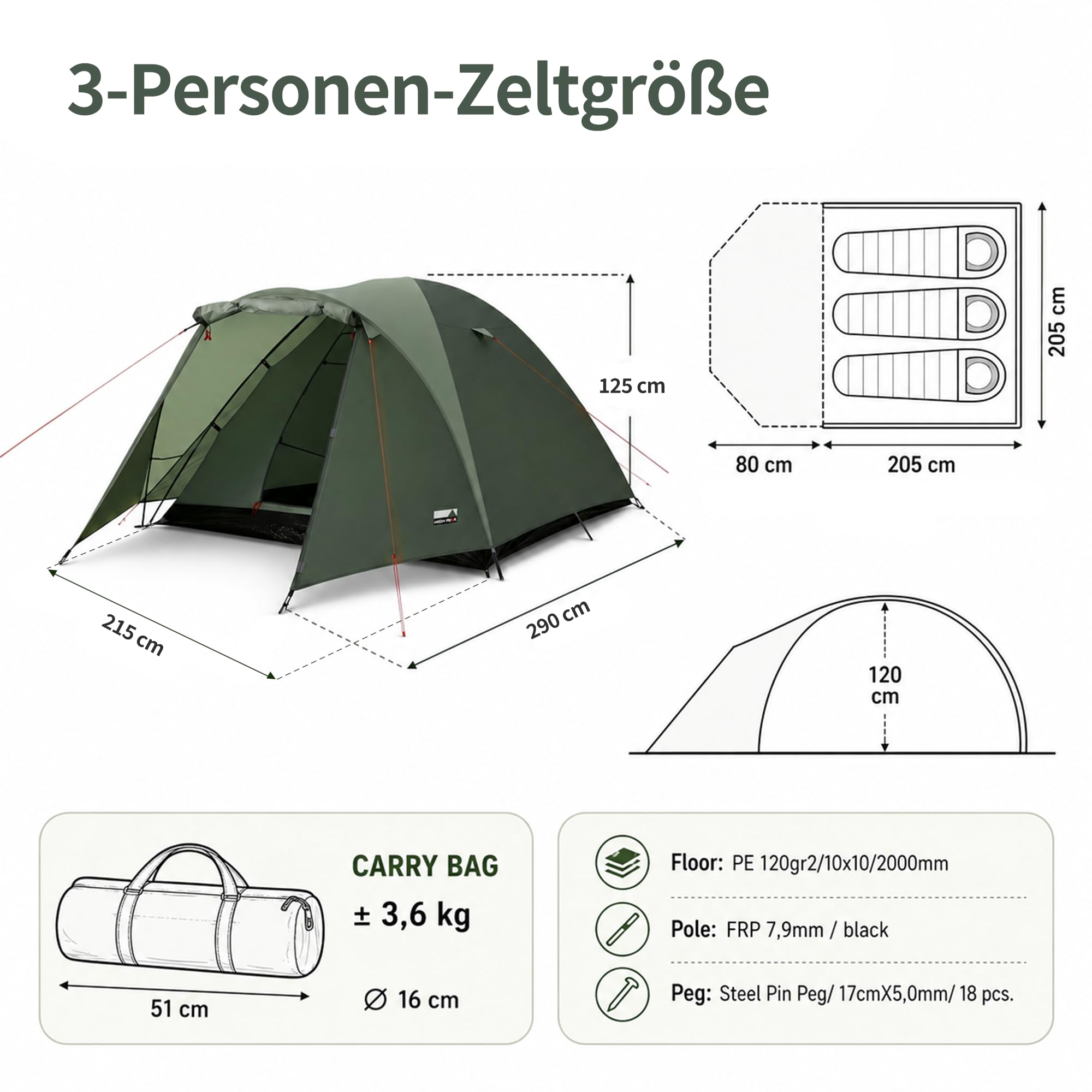 High Peak Kuppelzelt, Campingzelt mit Vorraum, doppelwandiges Iglu Zelt, 2000 mm Wassersäule, Wetterschutz-Eingang, leicht aufzubauen, für Camping Festival Garten Outdoor Roadtrip Reise Urlaub Park