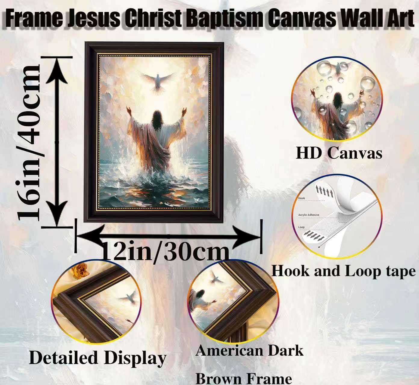 Dark Brown Frame Jesus Christ Baptism Canvas Wall Art Jesus And The Dove Picture Wall Decor Holy Spirit Christian Faith Poster Print Painting for Living Room Bedroom Church Decoration Ready To Hang