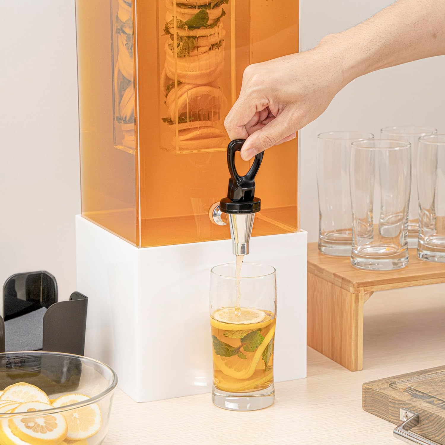 Restaurantware Bev Tek 3 Gallon Beverage Dispenser 1 Square Drink Dispenser For Parties - With Infusion Core Bamboo Base Clear Acrylic Drink Dispenser With Stand Easy-To-Use Spigot