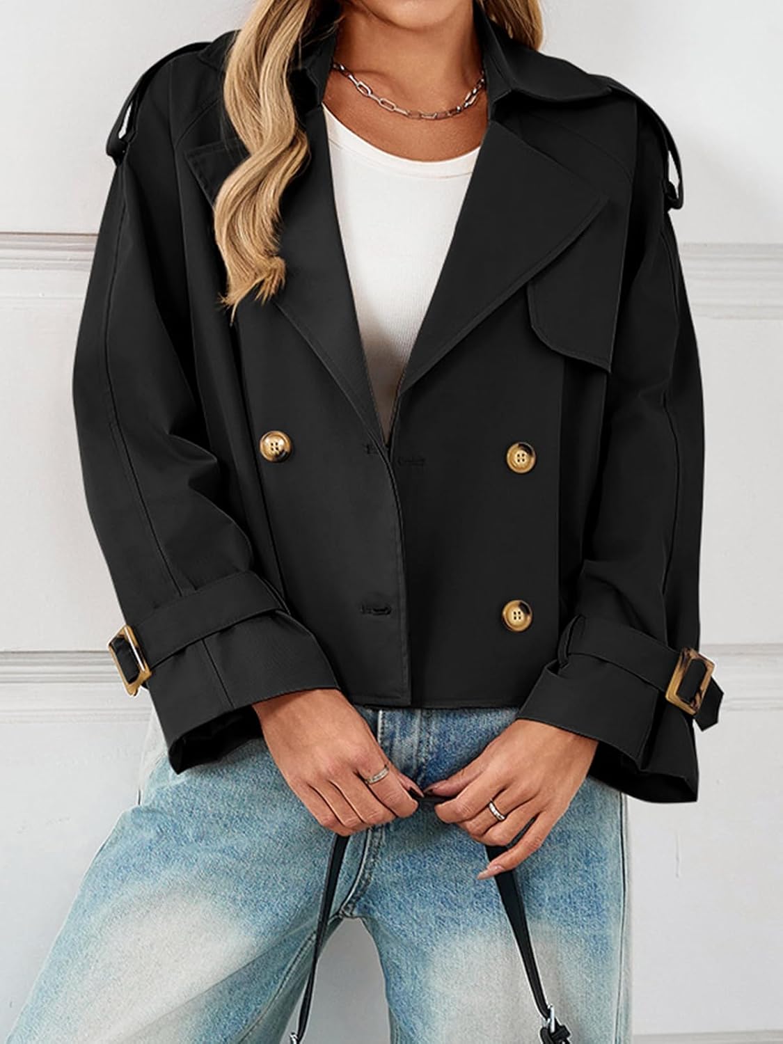 Tankaneo Womens Cropped Trench Coat Oversized Double Breasted Lapel Long Sleeve Short Jacket Fashion Outerwear - Image 2