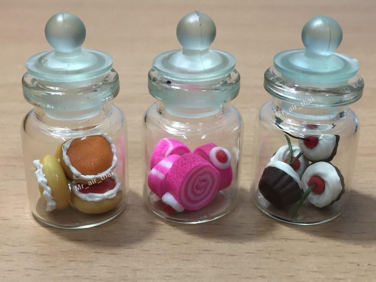 3pc Miniature Cake Food Candy Cookie Dollhouse Cake in Clear Glass Mini Bottle Fruit Food #MF015