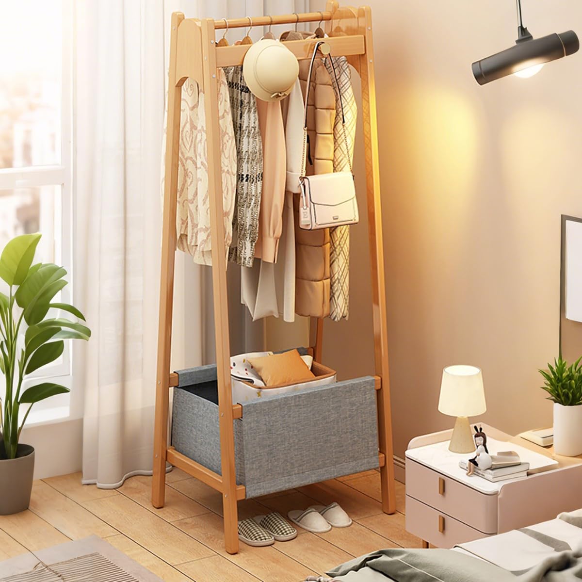 Mrmrmnr D Natural Bamboo Coat Rack Stan Floor Standing Cloak Rack Simple Modern Clothes Rack Storage Basket Shelf Hanging Rail With Hooks For Hallway Entryway Bedroom Bathroom Office