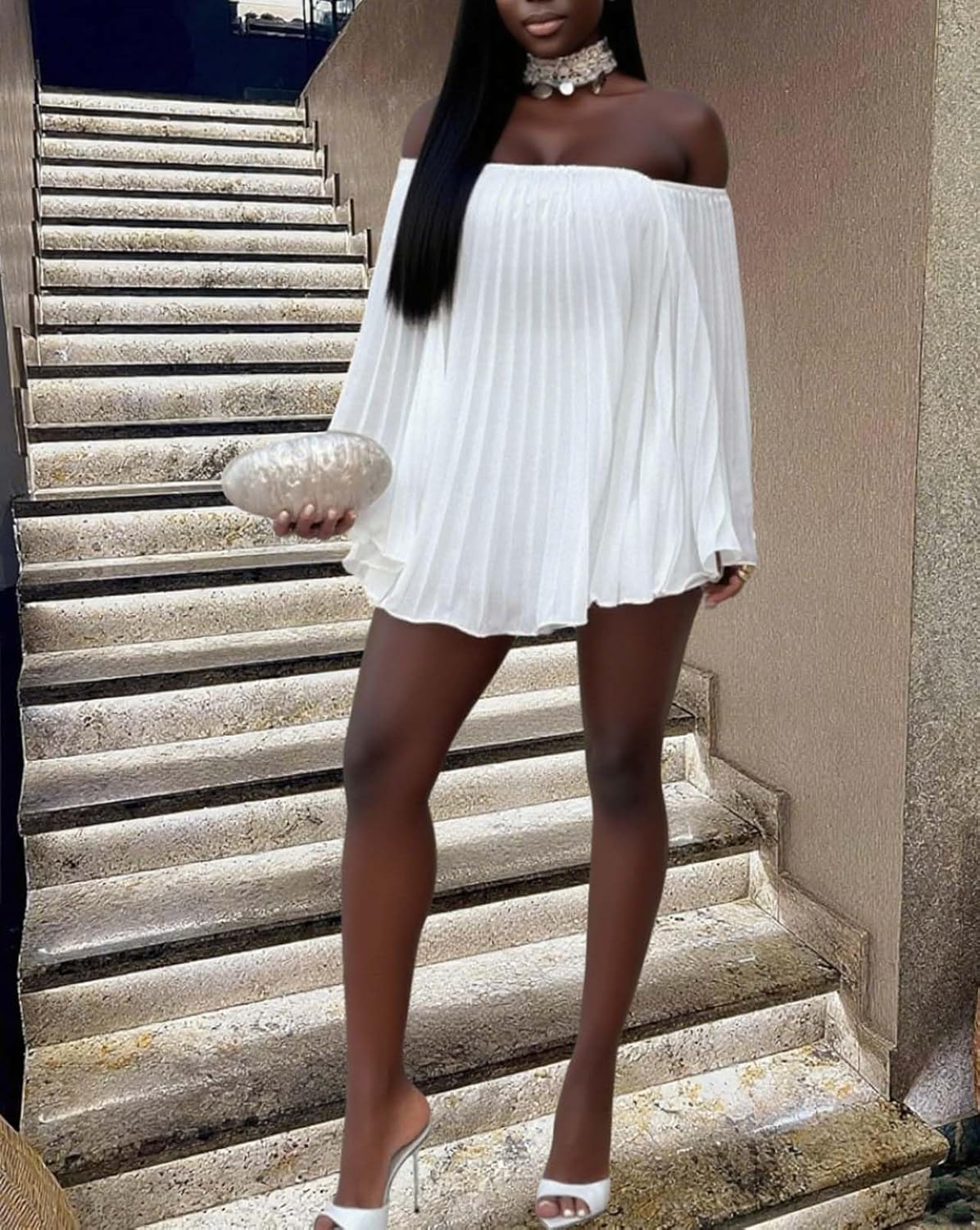 Annystore Women 2 Piece Outfits Pleated Shorts Sets Off Shoulder Bell Sleeve Oversized Shirts Biker Short Pants Streetwear - Image 5