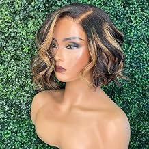 Wig Highlight Ombre Wavy Wig Brazilian Body Wave Short Bob Wig, Remy Hair 13x4 HD Transparent Lace Front, 1B27 Brown
