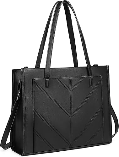 Miniatura 7 de Bolsas de trabajo para mujer, bolso negro para laptop con compartimento, maletín profesional de cuero para oficina de negocios