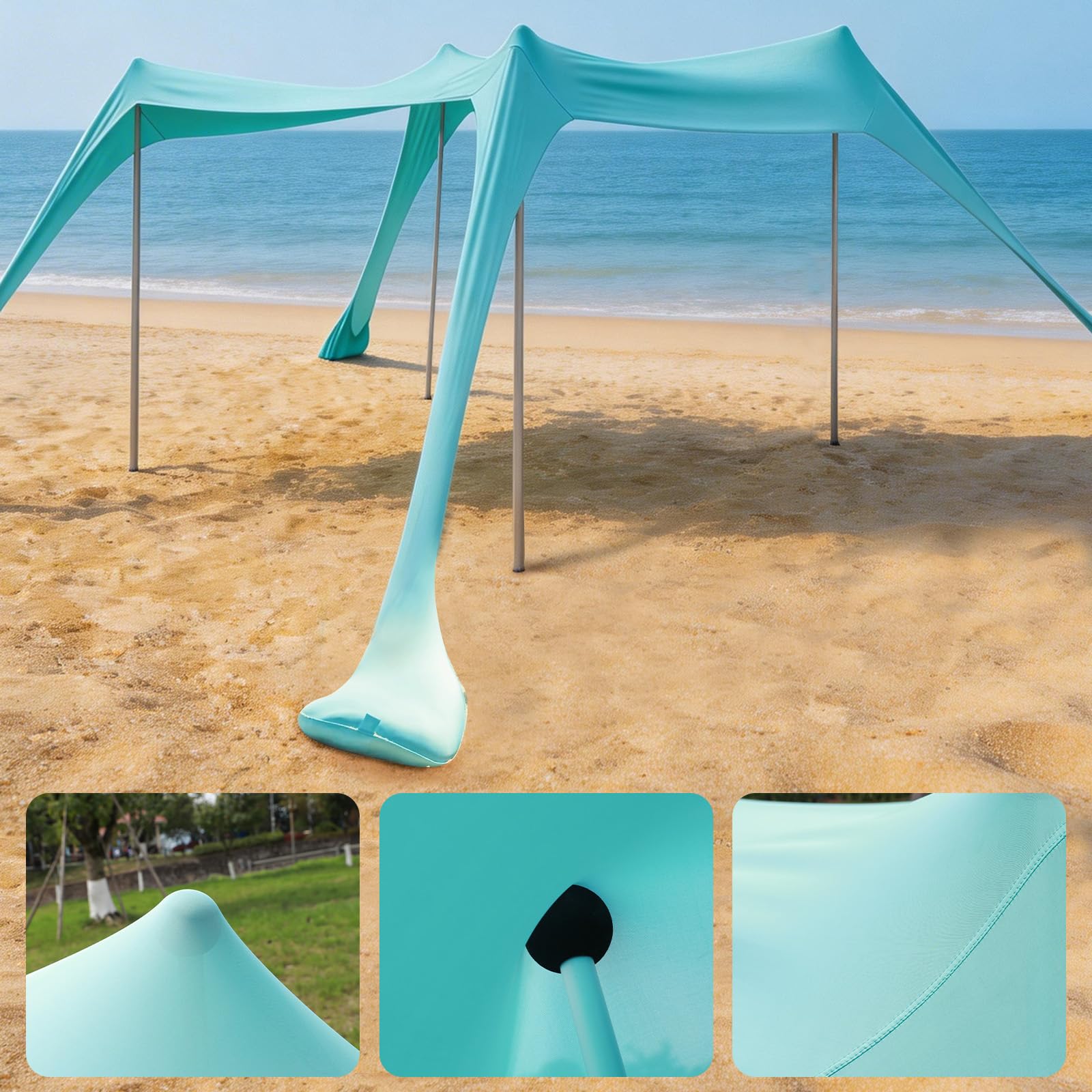 Sonnenschutz Strandzelt mit UPF50+ 2.2 x 2 x 1.6 m Strand Sonnensegel mit Sandschaufel & Erdnägeln - Strandmuschel UV Beach Tent leichte Strandüberdachung für Camping, Picknick, Garten (Turquoise)