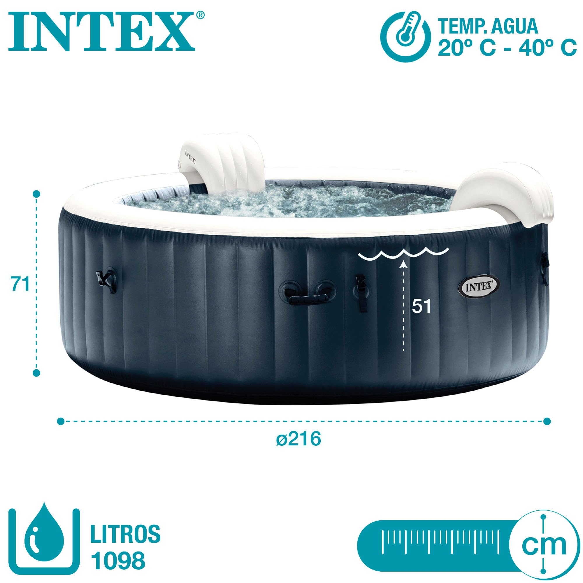 Intex SPA Hinchable Circular, 6 Personas, Ø216x71, Calentador hasta 40ºC, 170 Salidas de Burbujas, Suelo térmico, Depuradora Filtro S1, Accesorios incluidos (55089)