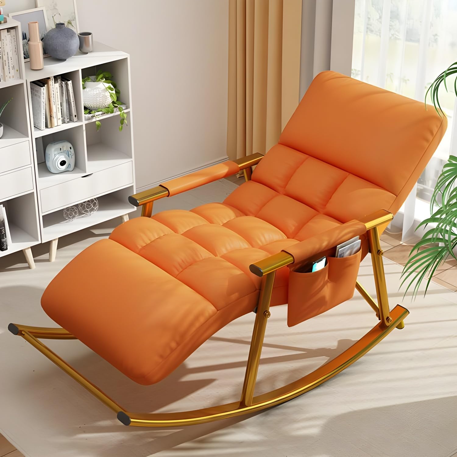 LITFAD Comfortable and Stylish Rocking Chair Perfect Upholstered Lounge Chair Indoor Manual Recliner Adjustable Leg Rest Leisure Couch for Living Room, Bedroom - Orange Gold Leg