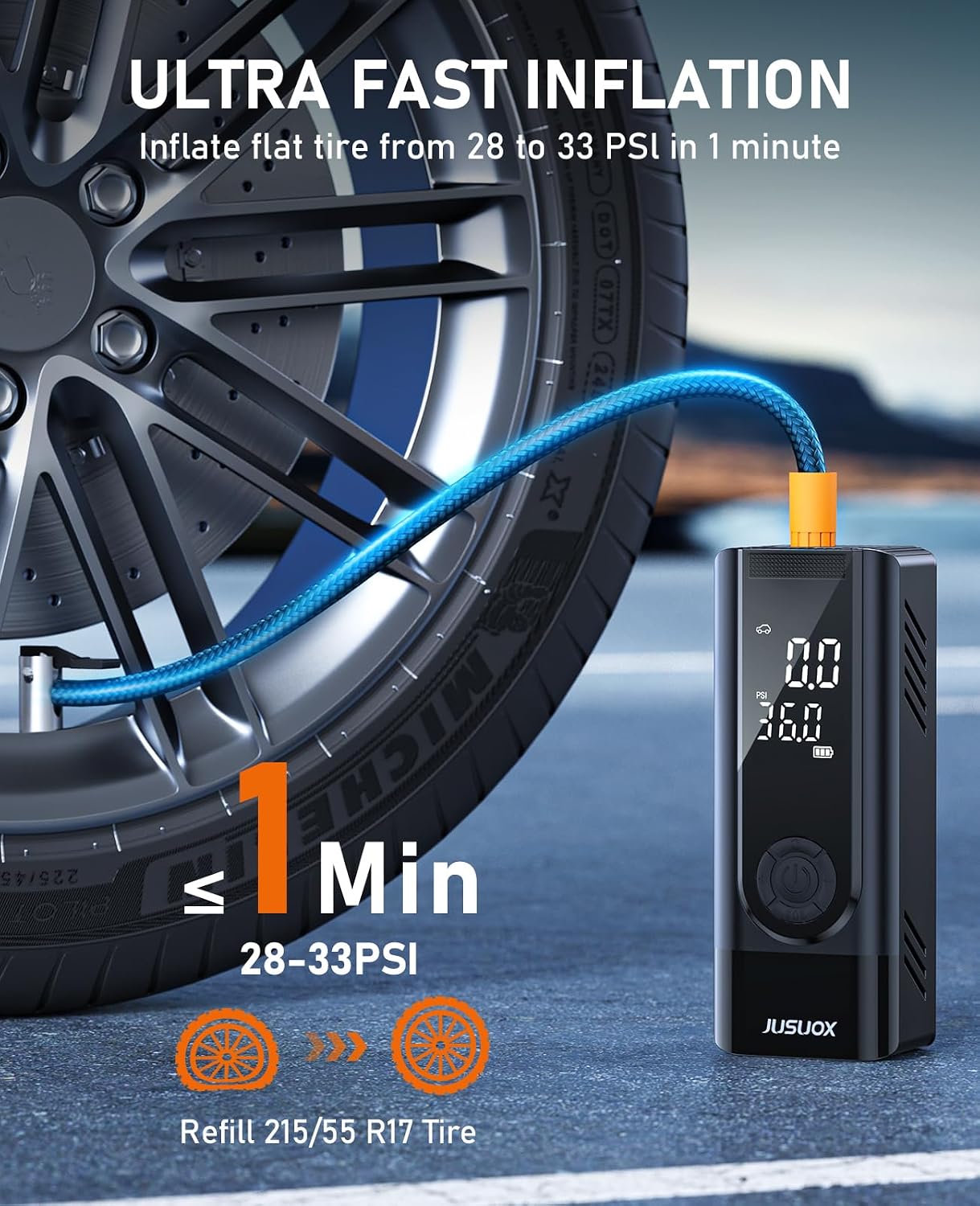 Condition photo showing New/Like New for jusuox tire inflator portable air compressor, dual power (cordless & 12v dc) air pump for car tires, 150psi fast air pump for moto, bike, large capacity battery, digital gauge with emergency led light grey