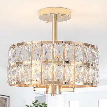 Gold Semi Flush Mount Ceiling Light Modern Crystal Chandeliers Ceiling Light Fixture, Drum Shade Round Hallway Lighting for Bedroom, Living Room, Dining Room, Kitchen,Bathroom