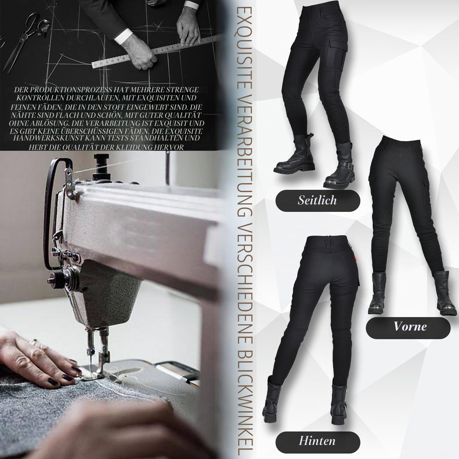 Motorradleggins Damen -Motorrad Stretch Leggings Hose Frauen mit Protektoren Motorradhose (Black-A,M)