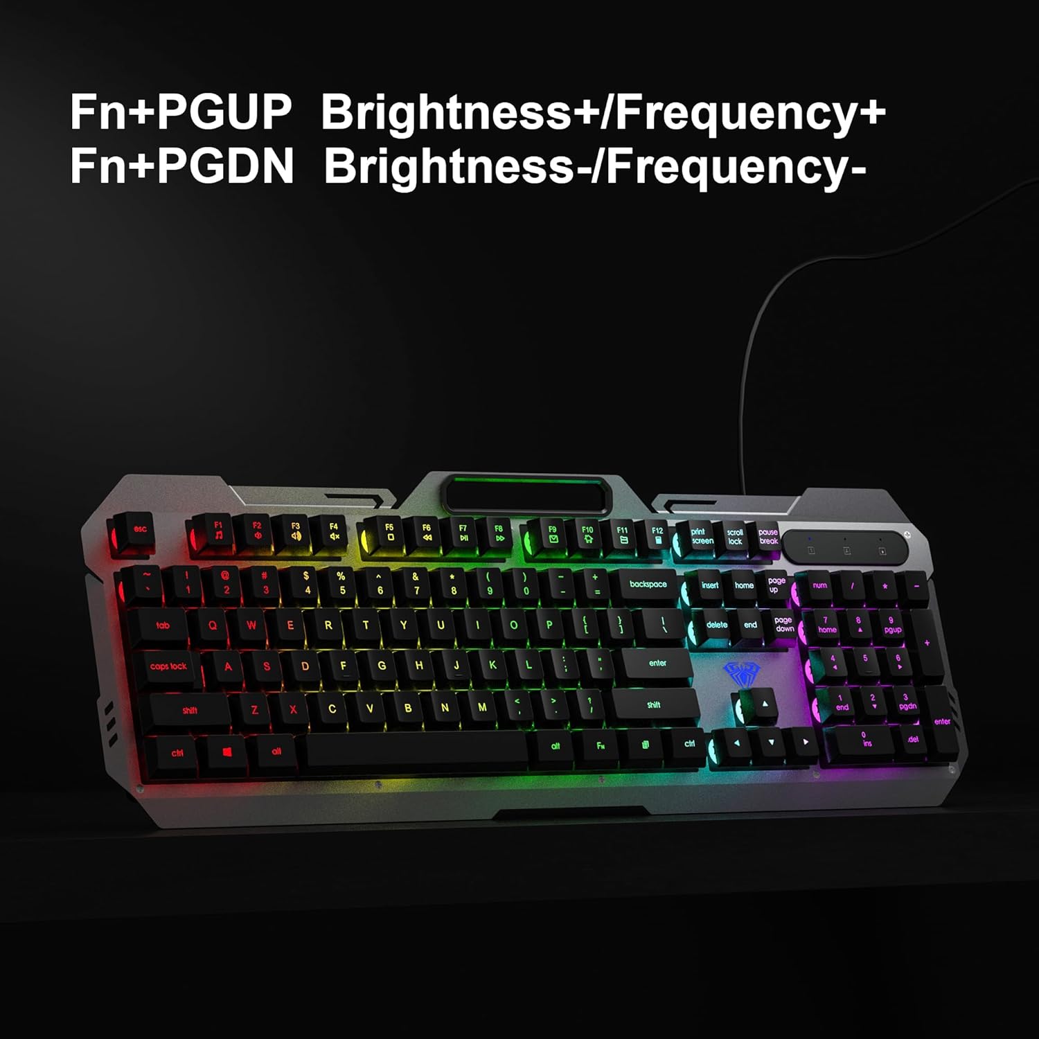 AULA F2023 keyboard showing Fn+PGUP and Fn+PGDN keys for brightness and frequency control