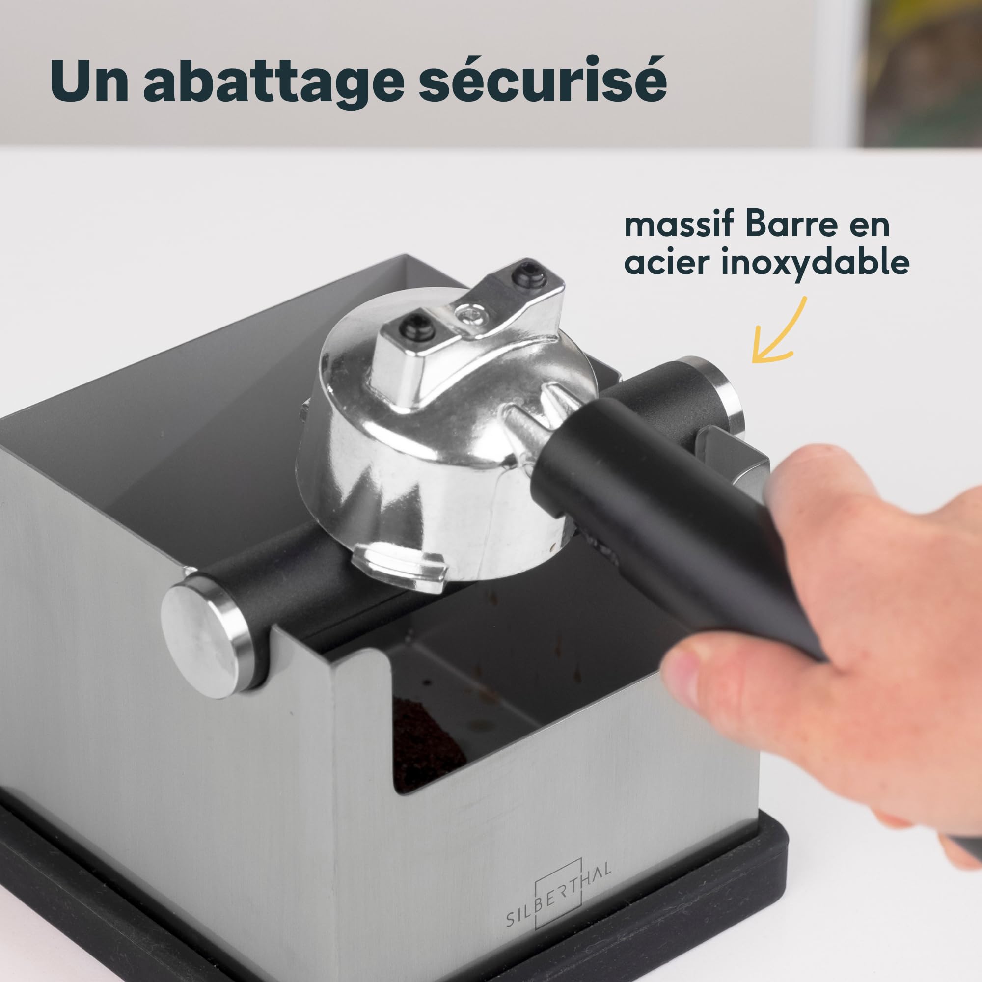 SILBERTHAL Récipient Pour Porte-filtre En Acier Inoxydable - Version 2.0 - Station De Tamper Et Boîte à Knock Box Avec Barre En Silicone 2 En 1 - Récipient à Taper - Cadeaux