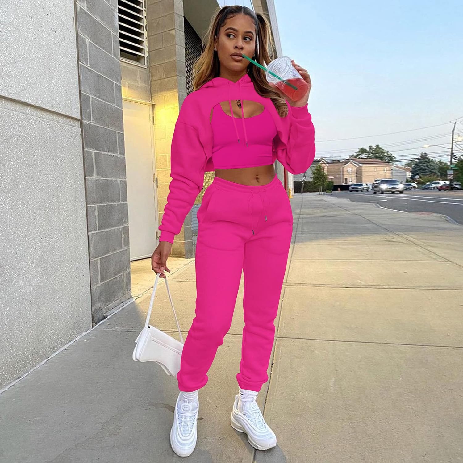 Women's Sexy 3 Piece Tracksuits - Long Sleeve Pullover Crop Top Hoodie +Tank Top+Drawstring Long Pants Sweatsuit - Image 2