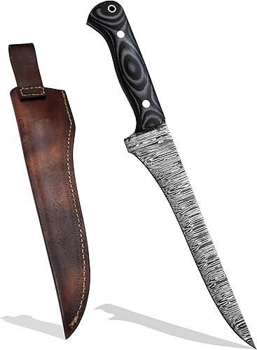 Miniatura 10 de Hercules Knives Cuchillo de filete de acero de Damasco forjado a mano personalizado Cuchillo de pesca G-10 Micarta Handlle Funda de cuero Hoja fija