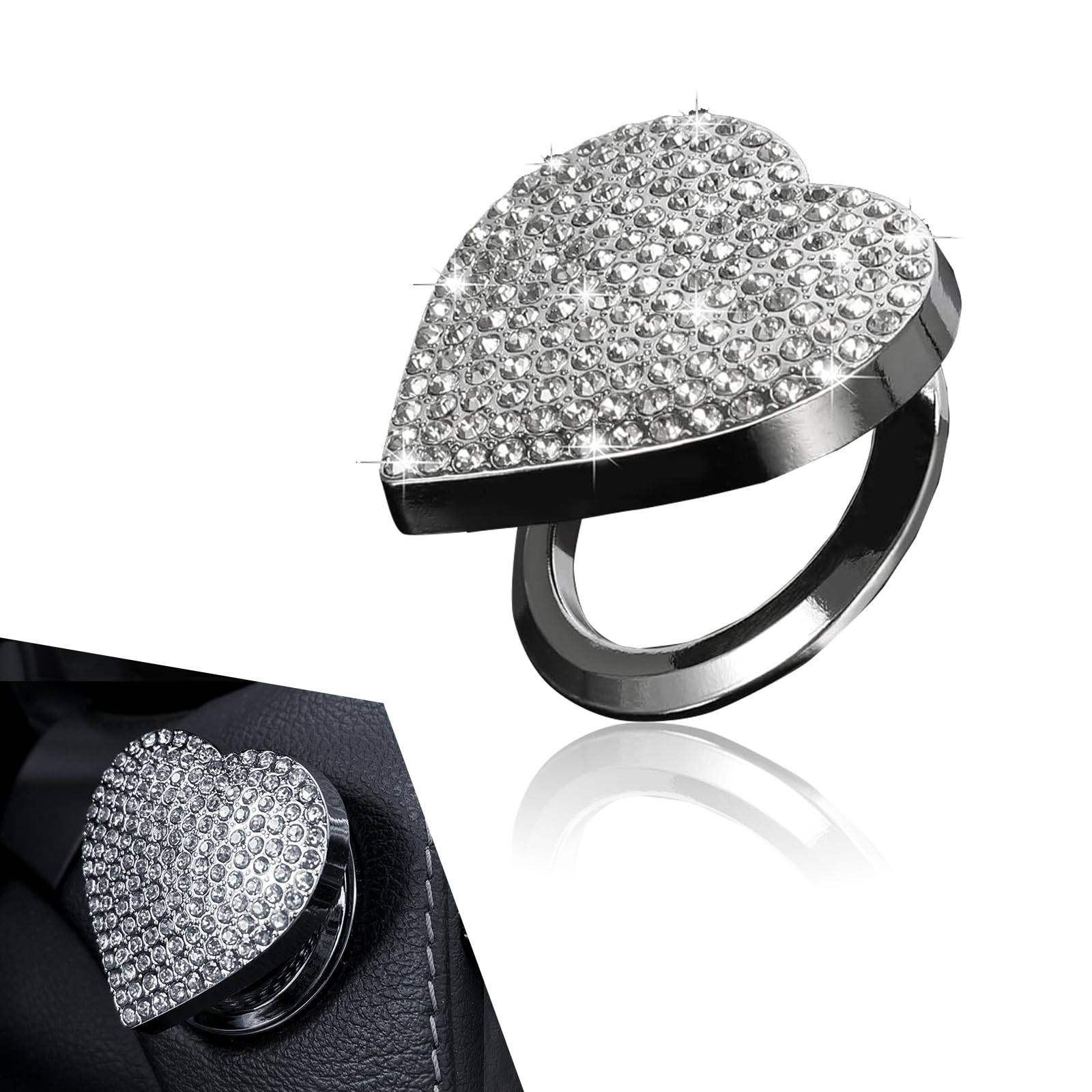 1 PC Bling Car One-Button Start Cover, 1.73" x 1.73" Heart-Shaped Diamond-Embellished Start Button Anti-Touch Trim, Ignition Button Anti-Scratch Protector, Universal for Most Cars (White)