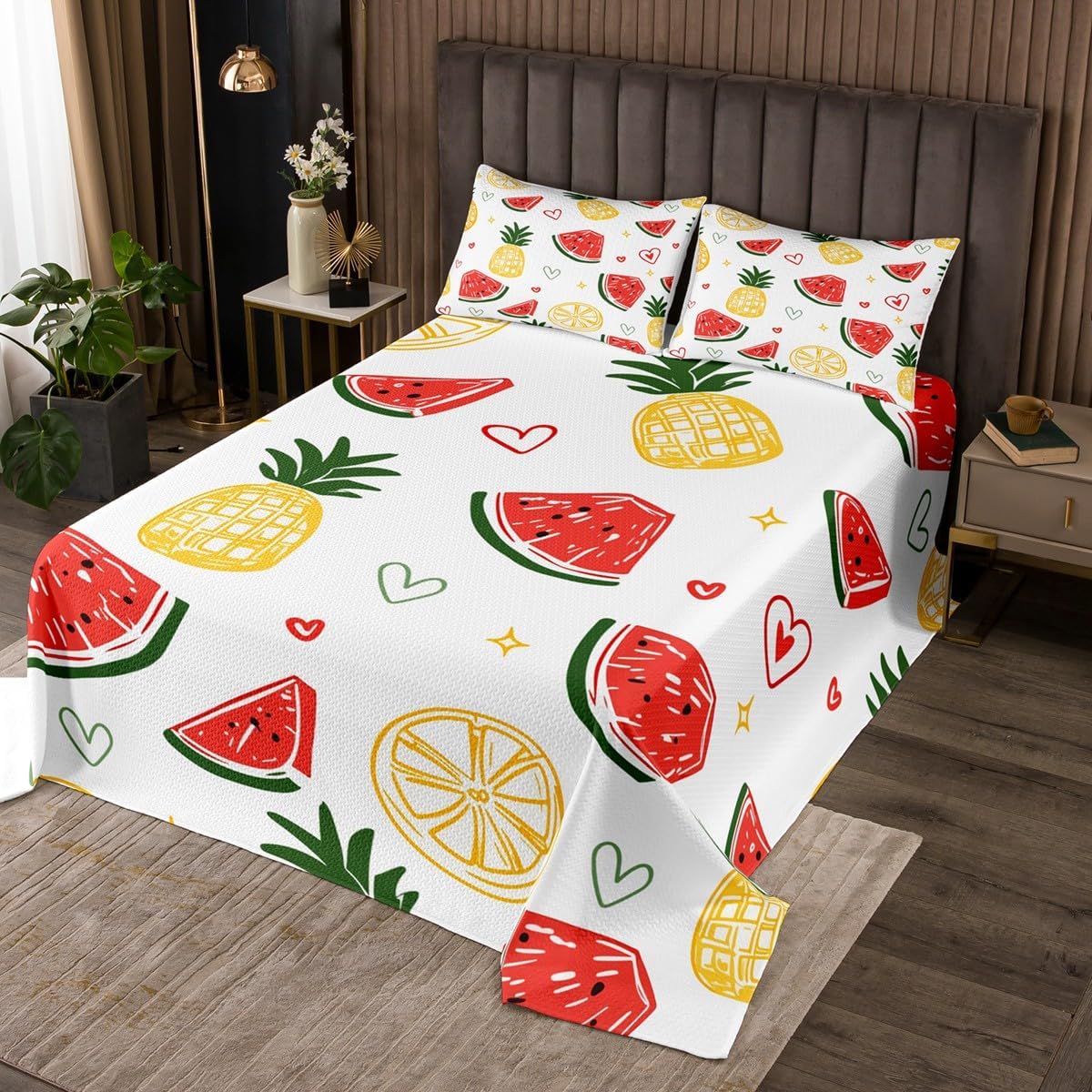Homewish Cute Watermelon Bedspread Twin Size,Pineapple Lemon Comforter Set Cartoon Tropical Fruits Bedding 2Pcs for Kids Girls Boys Teens Bedroom Decor,Summer Colorful Quilt Coverlet,1 Pillowcase