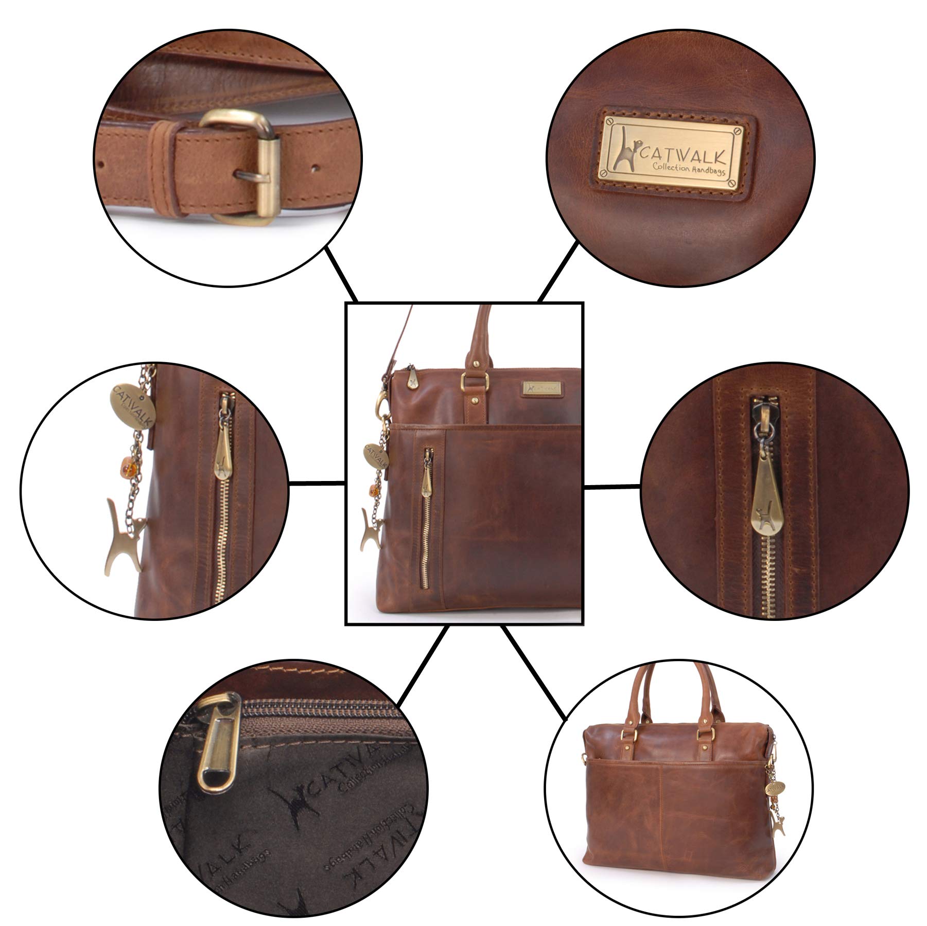 Catwalk Collection Handbags - Grand Cabas Femme Cuir - Sac de Travail/Sac Porté Épaule Avec Bandoulière - Sacoche Ordinateur - Adele - Marron