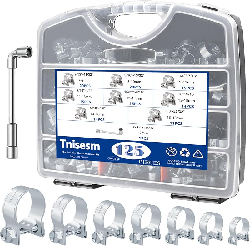Kit de abraçadeiras para mangueira de combustível Tnisesm ajustáveis de 7 a 18 mm com chave canhão – 125 unidades