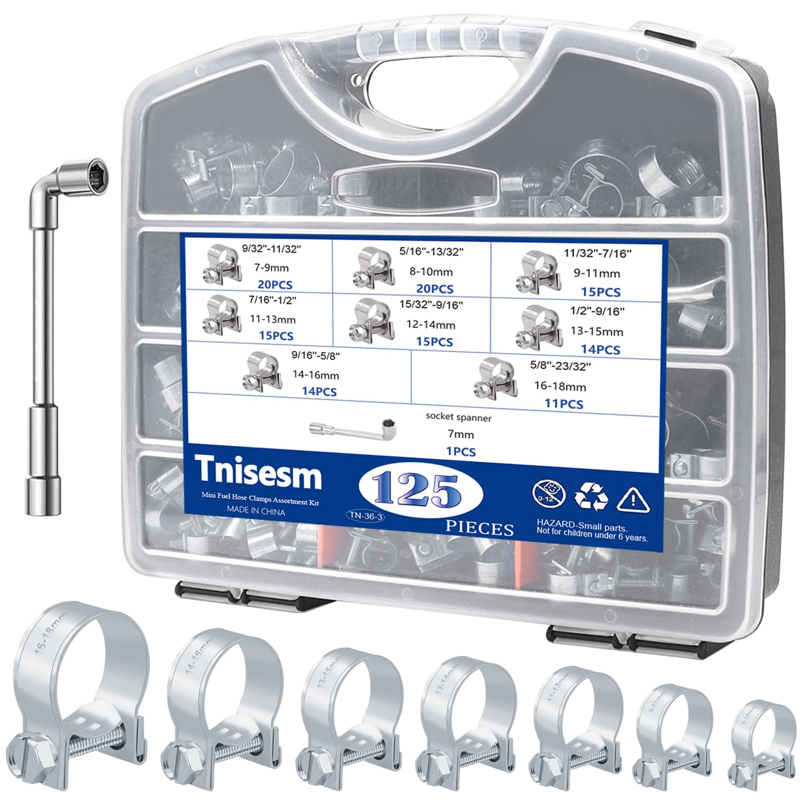 Photo 1 of Tnisesm 125PCS Mini Fuel Injection Hose Clamps Adjustable 9/32"-23/32" Dia 7-18mm 304 Stainless Steel Fuel Line Clamps Assortment Kit, for Automotive Diesel Petrol Pipe with Socket Spanner