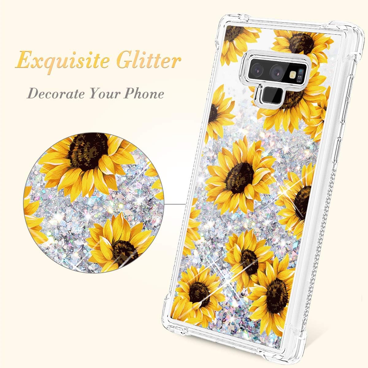 Caka Galaxy Note 9 Case, Galaxy Note 9 Glitter Case Sunflower for Girls Women Flower Floral Sparkle Bling Luxury Flowing Liquid Floating Glitter Soft TPU Case for Samsung Galaxy Note 9 (Sunflower)