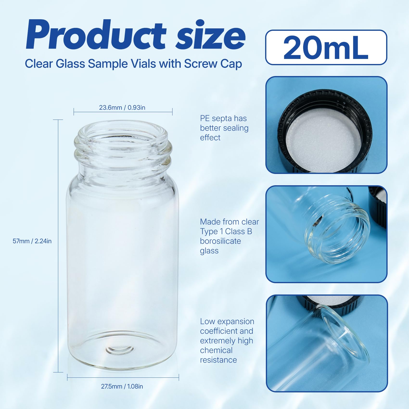 ALWSCI 100 Pezzi 20mL Fiale di Campione di Vetro Trasparente Bottiglie di Campionamento 24-400 Nero Tappo Superiore Chiuso PP, PE Liner Fiale di Laboratorio Contenitore di Campione 27,5x57mm