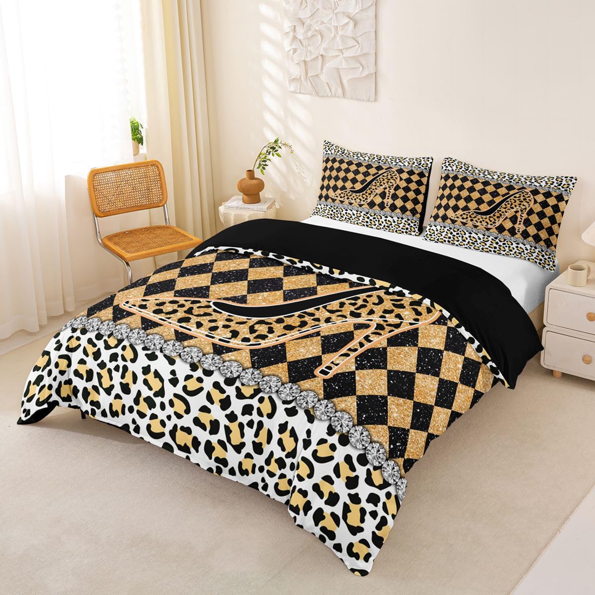 Homewish Dziewczęce lampart nadruk panthera siatka wysokie obcasy king size zestawy poszewek na kołdrę bawół krata pościel dla dorosłych nastolatków kobiet skóra kratka symulowana poszewka na kołdrę