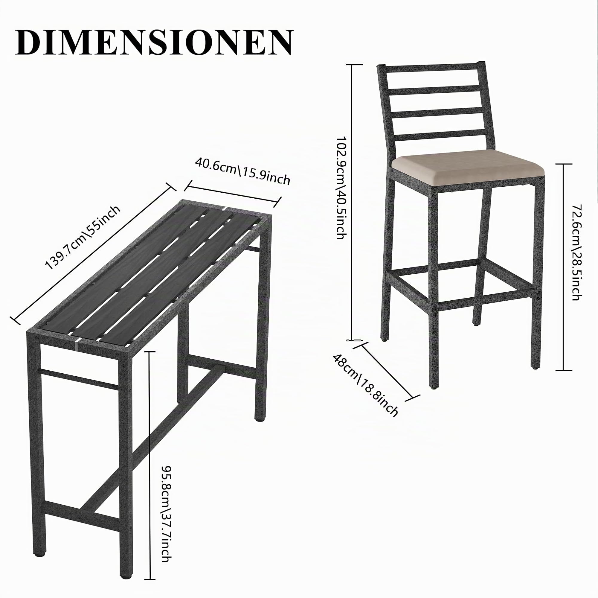 Gartentisch wetterfest – 3-TLG. Outdoor-Terrassen-Bar-Set: 140cm rechteckiger High-Tisch mit Barhockern & 2 Polsterhockern, Gartenmöbel-Set für Garten, Balkon, Hinterhof, Veranda
