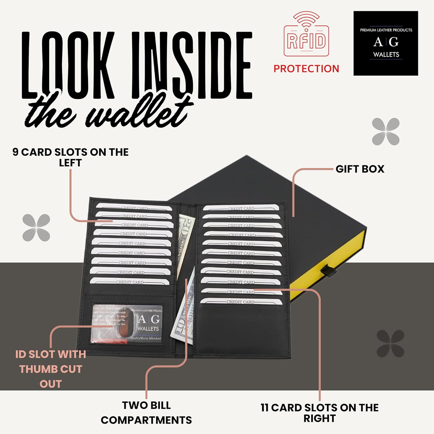 AG Wallets Men’s Long Leather Wallet – Slim RFID Bifold with 20 Card Slots, ID Window & 2 Bill Compartments – Soft Cowhide Credit Card Holder for Everyday Carry – Black - Image 3