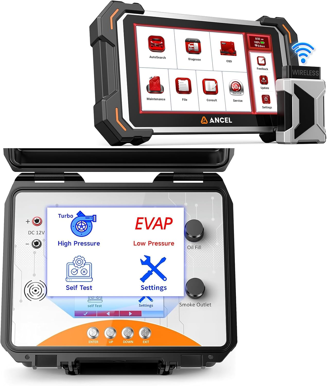 ANCEL 2-in-1 Vehicle Care Package: L8000 Color LCD Leak Diagnostic Tool + DS500BT Full-System Diagnostic Scanner with CAN FD Support