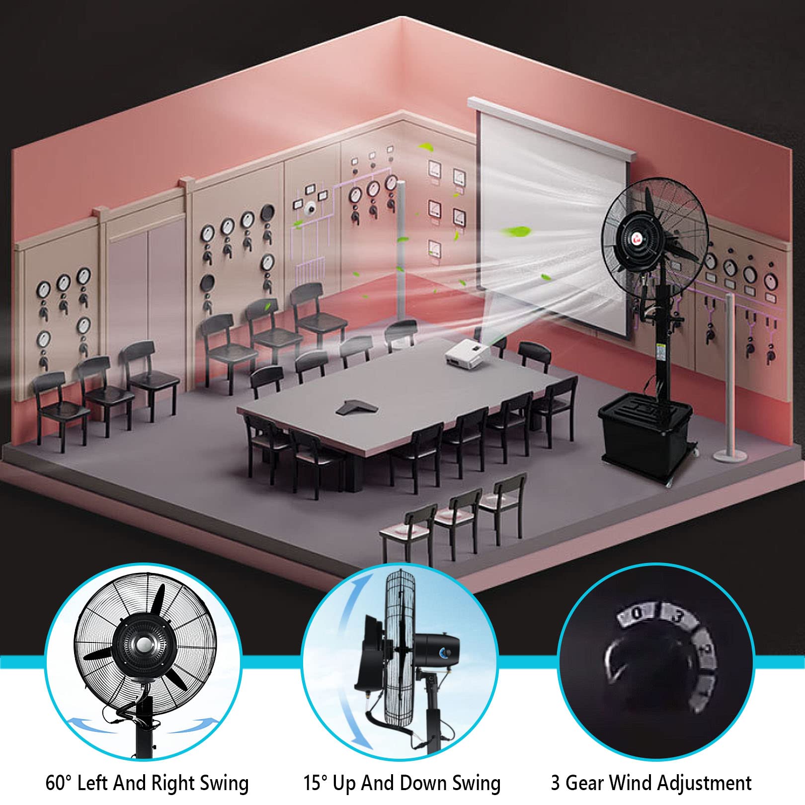 Ventilador oscilante de Pedestal con nebulización, Ventilador de refrigeración para Exteriores de 3 velocidades para Patio, Restaurante, fábrica