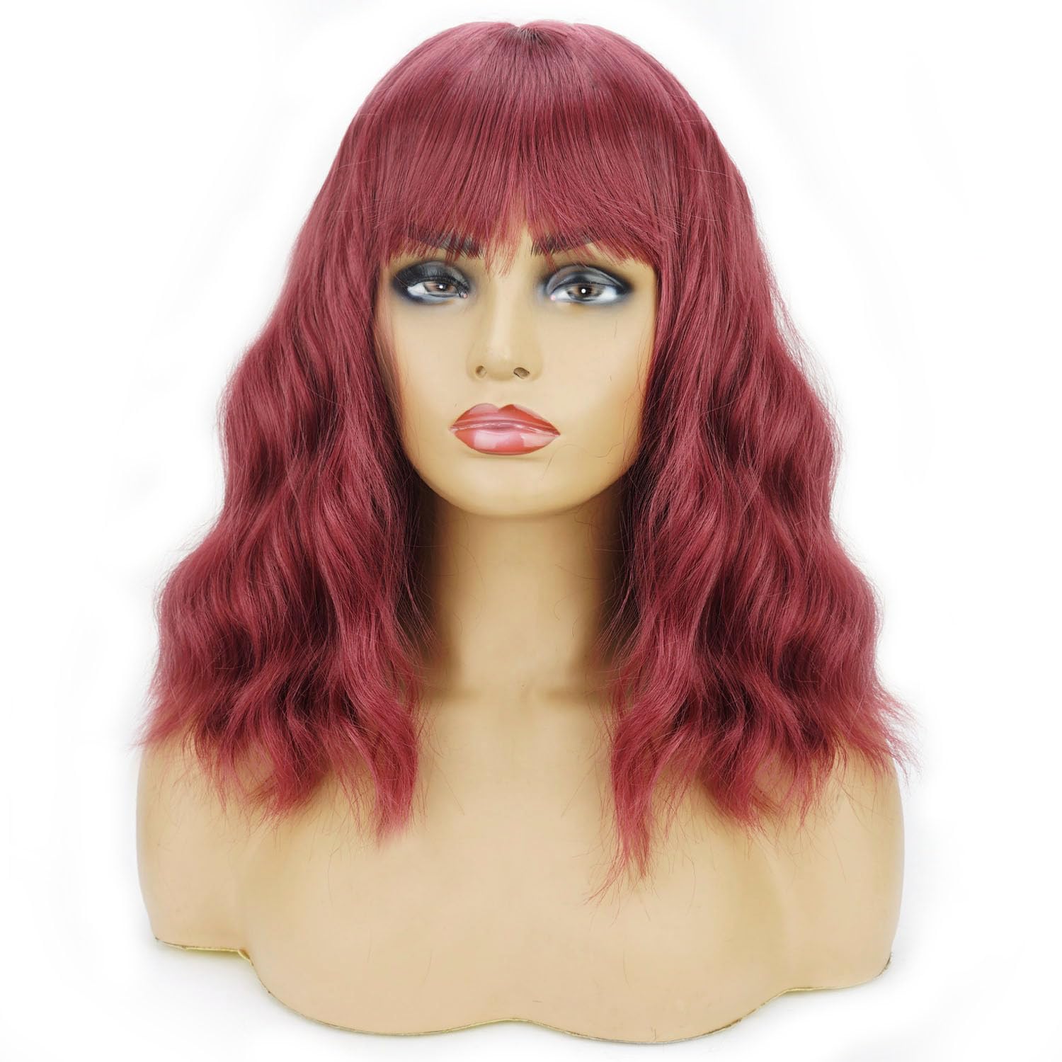 Short Bob Wavy Wig with Bangs for Women Wine Red Color Wigs for Women Loose Curly Shoulder Length Bob Curly Women's Charming Synthetic Wigs Style Synthetic Fiber Wig - Image 2