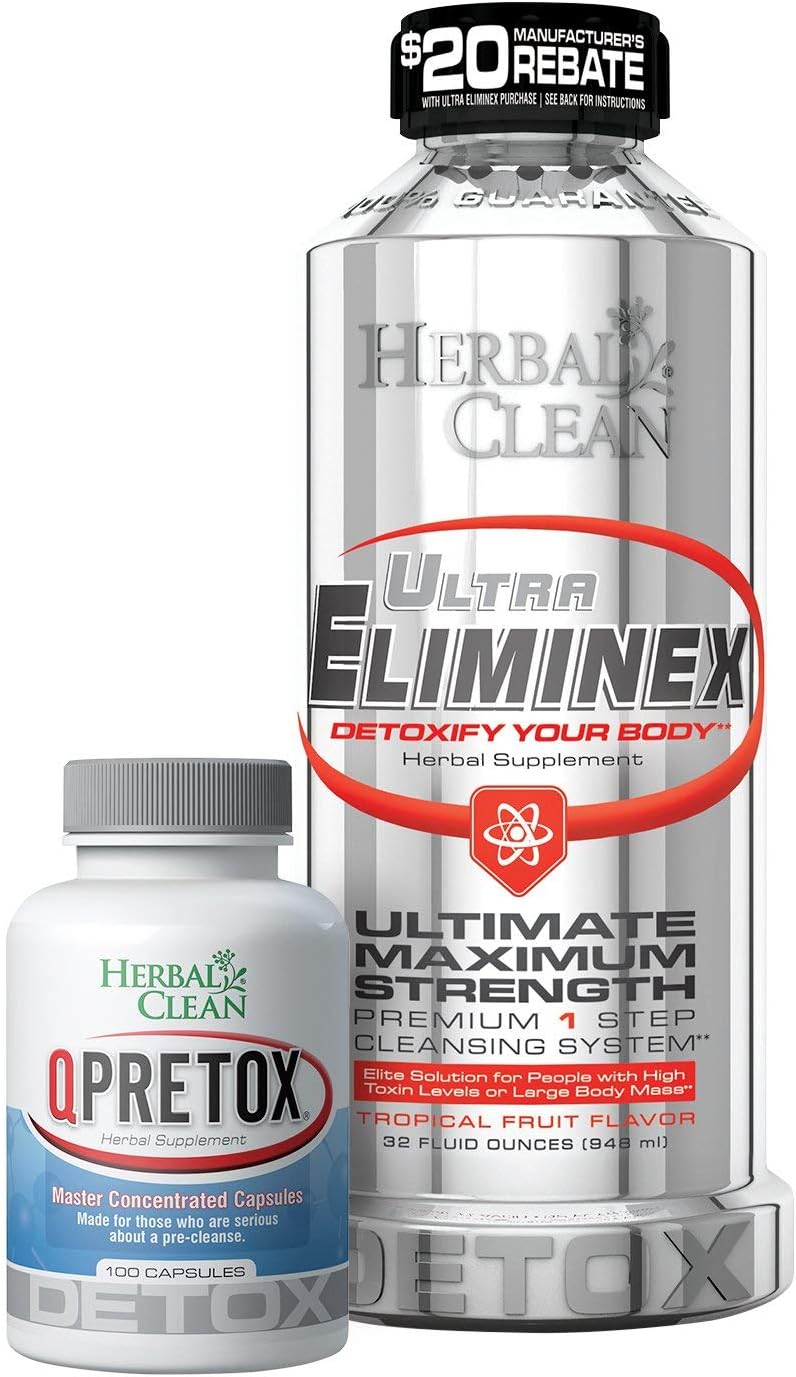 Herbal Clean Detox Cleanse, Ultra Eliminex Same-Day Cleanse, Tropical Fruit Flavor, 32 Fl Oz, with QPretox, 100 Capsules