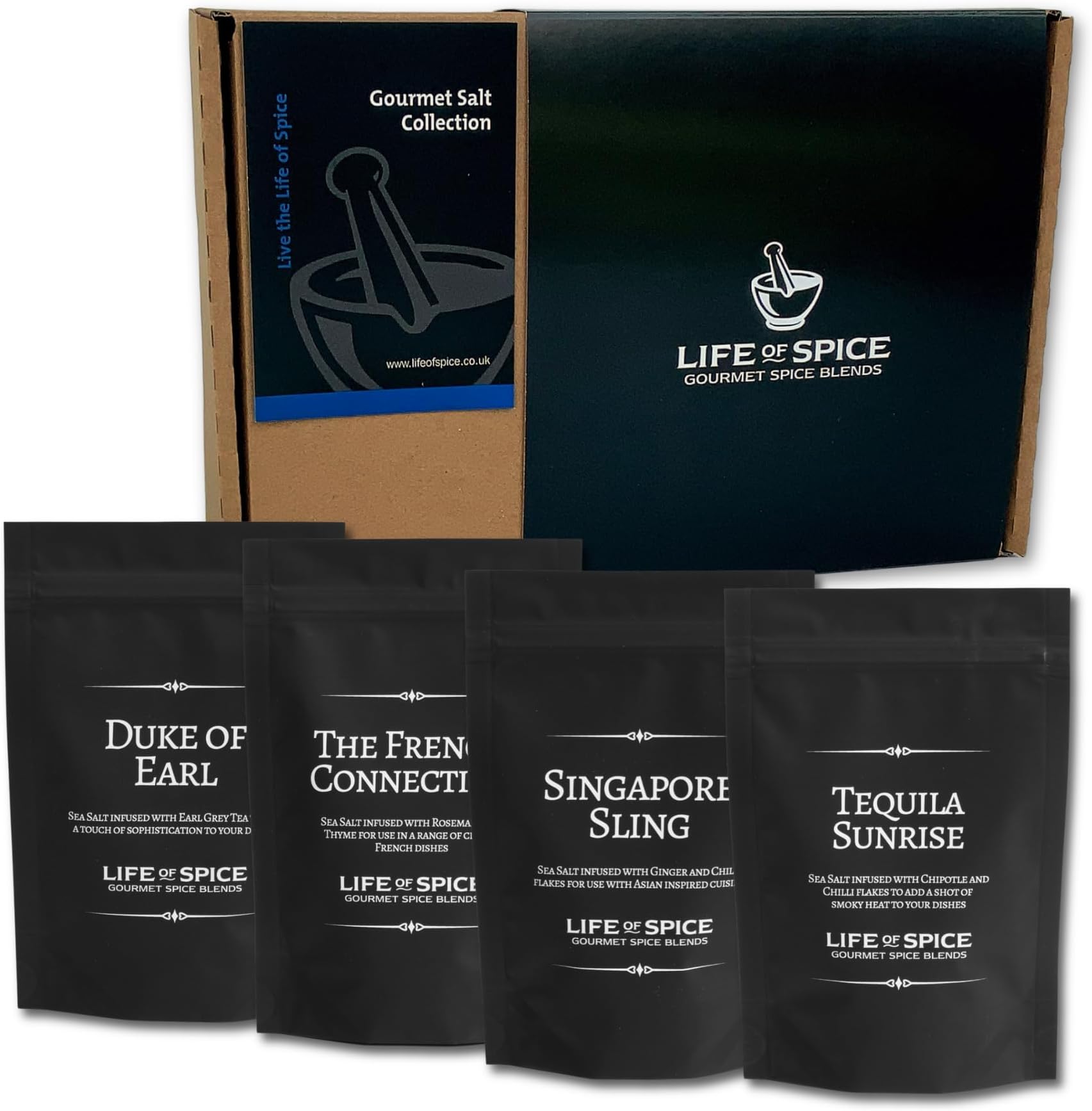Life of Spice Gourmet Salt Collection | Flavoured Sea Salts | 300g | 4 Unique Salts with 3 Recipe Cards | Finishing Salt | Brilliant for Mexican, Asian and French dishes | Great Gift