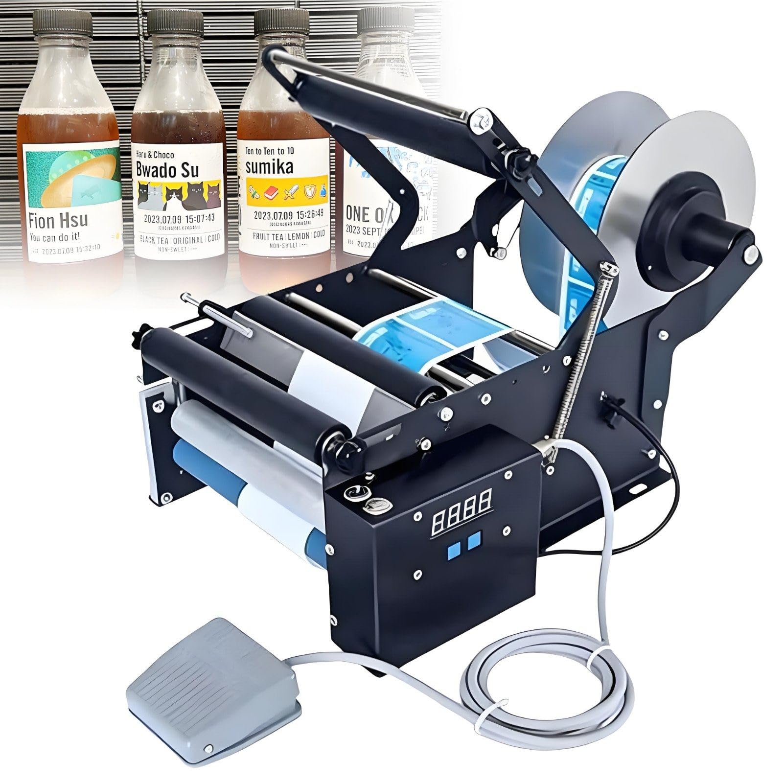 Macchina etichettatrice per Bottiglie tonde Uso Professionale, semiautomatica per Vetro plastica Metallo 20–100 mm, da banco Standard