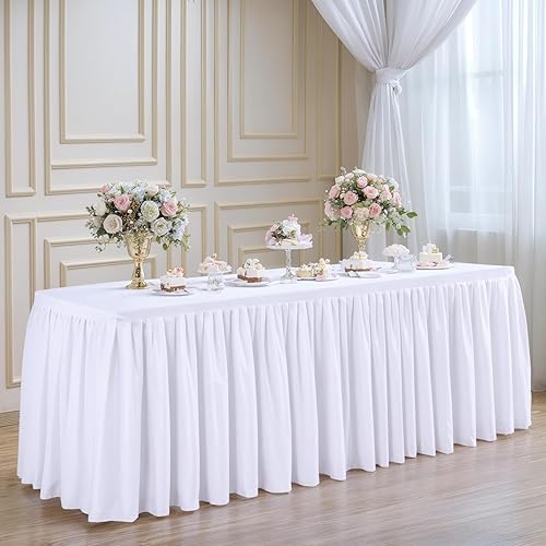 Miniatura 6 de Suppromo Mantel blanco de 6 pies con falda de mesa para mesas rectangulares, mantel elástico de 3 caras con volantes blancos para fiesta de