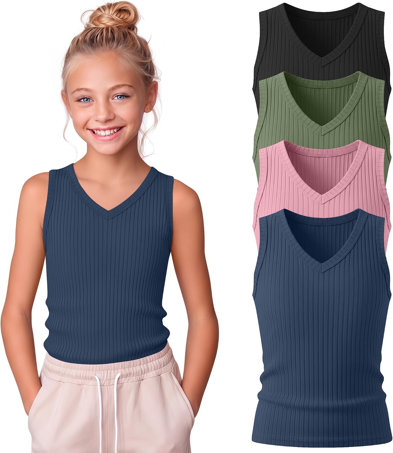 Oakgarden 4 Pack Girls' Tank Tops Ribbed V Neck Sleeveless Cute Summer Tee Slim Fitted Camisole Kids Soft Casual Basic Tanks