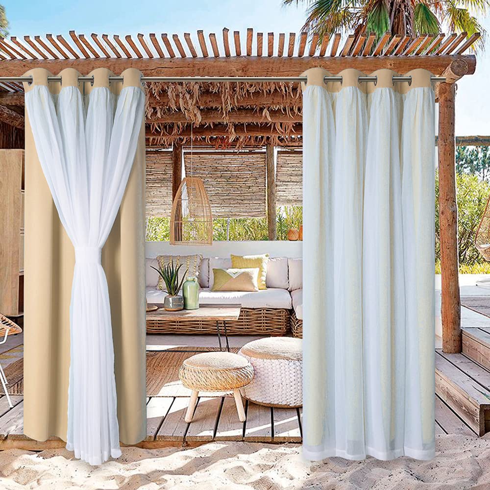 YIHANGGWaterproof Curtains Blackout Outdoor Pergola Double Drapery Window Screening Garden Decorative for Balcony Patio Porch Cabana,Beige-2.0×2.7M(79×106inch)