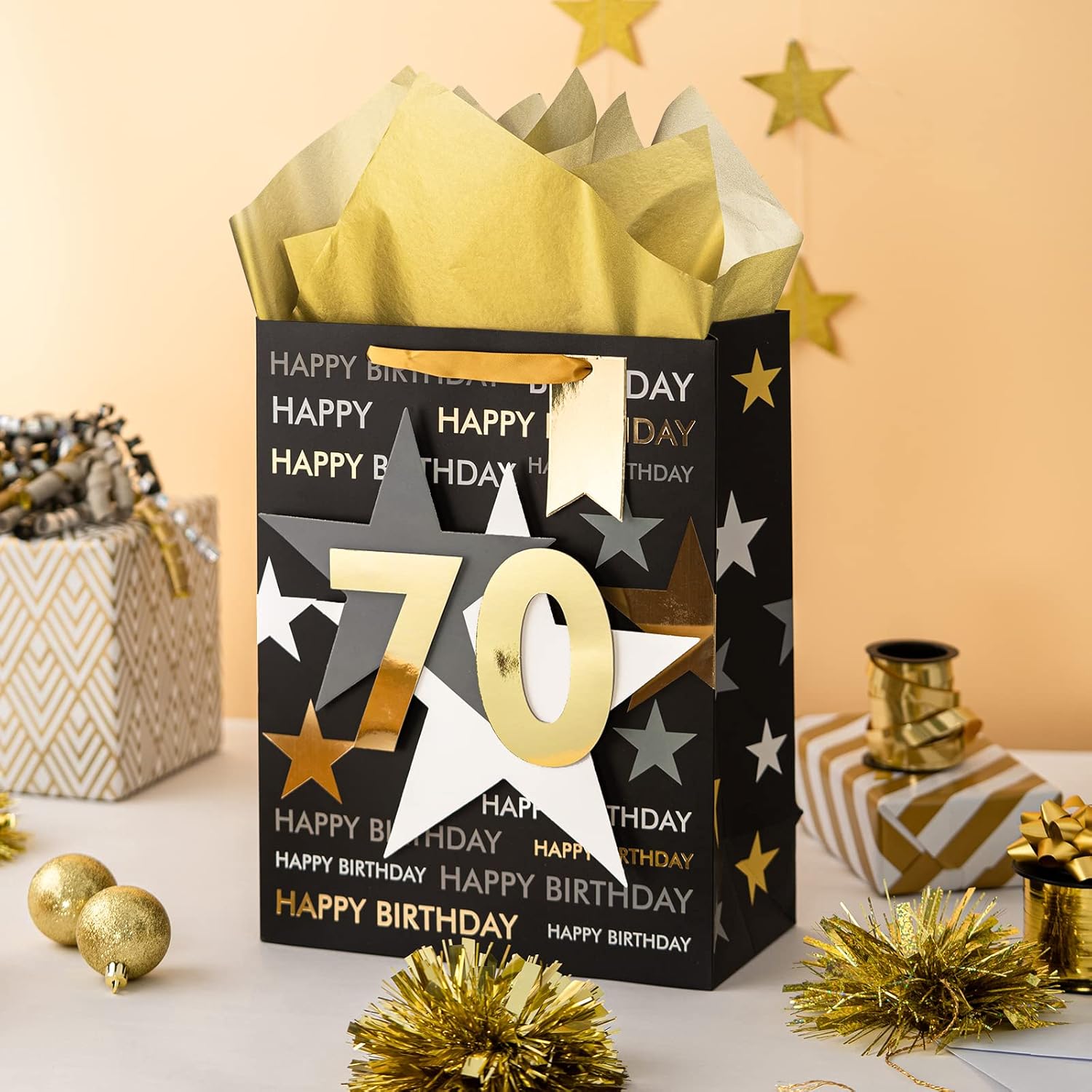 Loveinside Birthday Gift Bag with Tissue Paper and Greeting Card for 70 Birthday - 10" x 5" x 13", 1 Pcs, Black Gold - Image 3