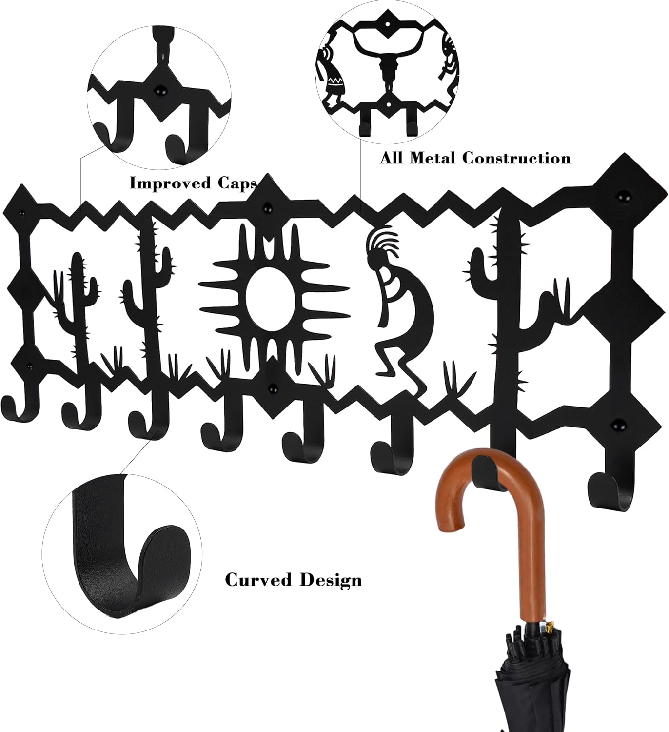 Black Metal Kokopelli Decor Wall Mount, Native American Wall Art with 8 Hooks, Southwestern Wall Decor Organizer for Entryway Hallway Front Door Kitchen Garage Home Office, New Mexico Gifts
