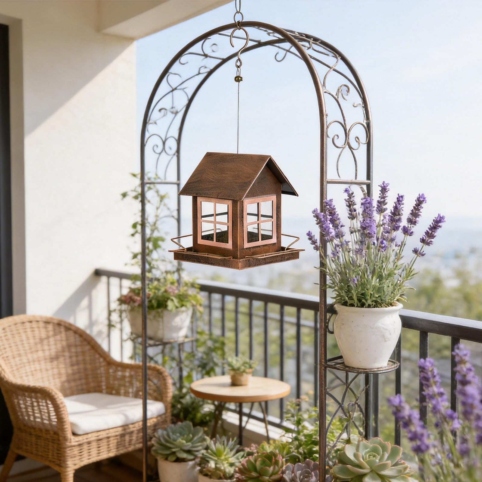 Mangiatoia per Uccelli per Giardino da Giardino Mangiatoia per Uccelli in Metallo Sospesa con Gancio Superiore e Vassoio Aperto, Mangiatoie da Esterno in Bronzo per Uccelli Selvatici Cortile Stazione